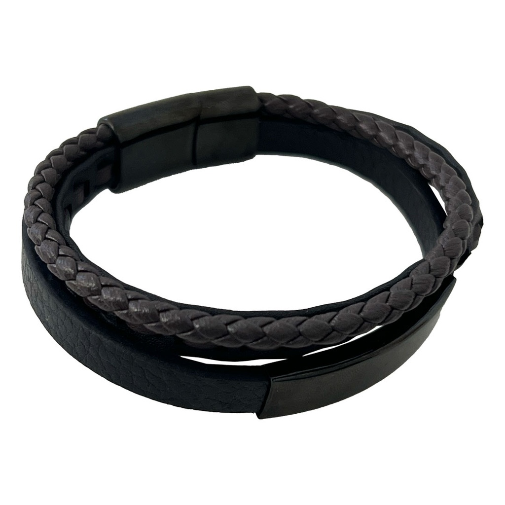 Men Black &amp; Brown Leather 3 layers Bracelet Metal Black Lock