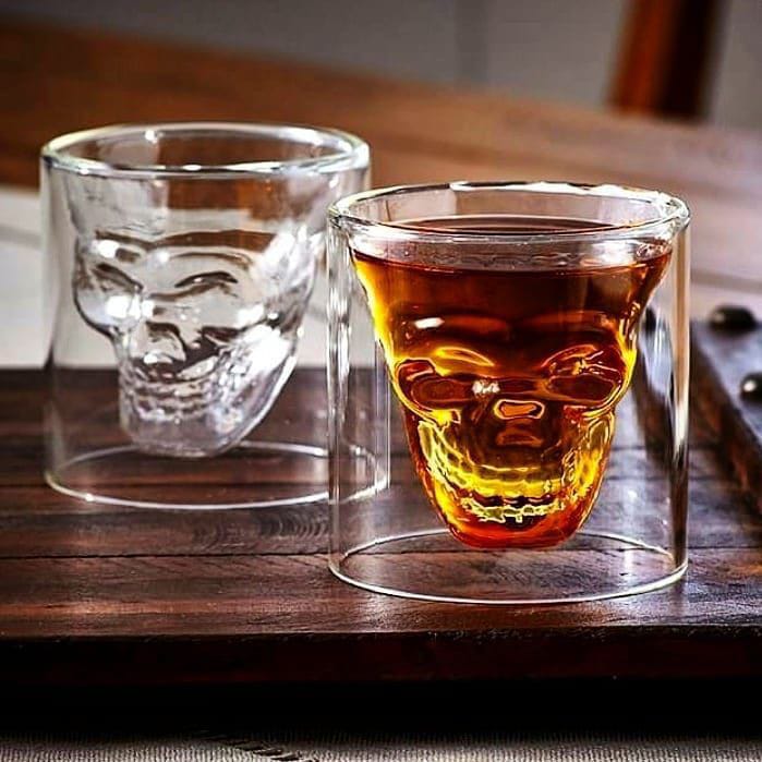 مج جمجمة 75 ملي دبل زجاج شفاف ثري دي للشاي والقهوة والعصاير