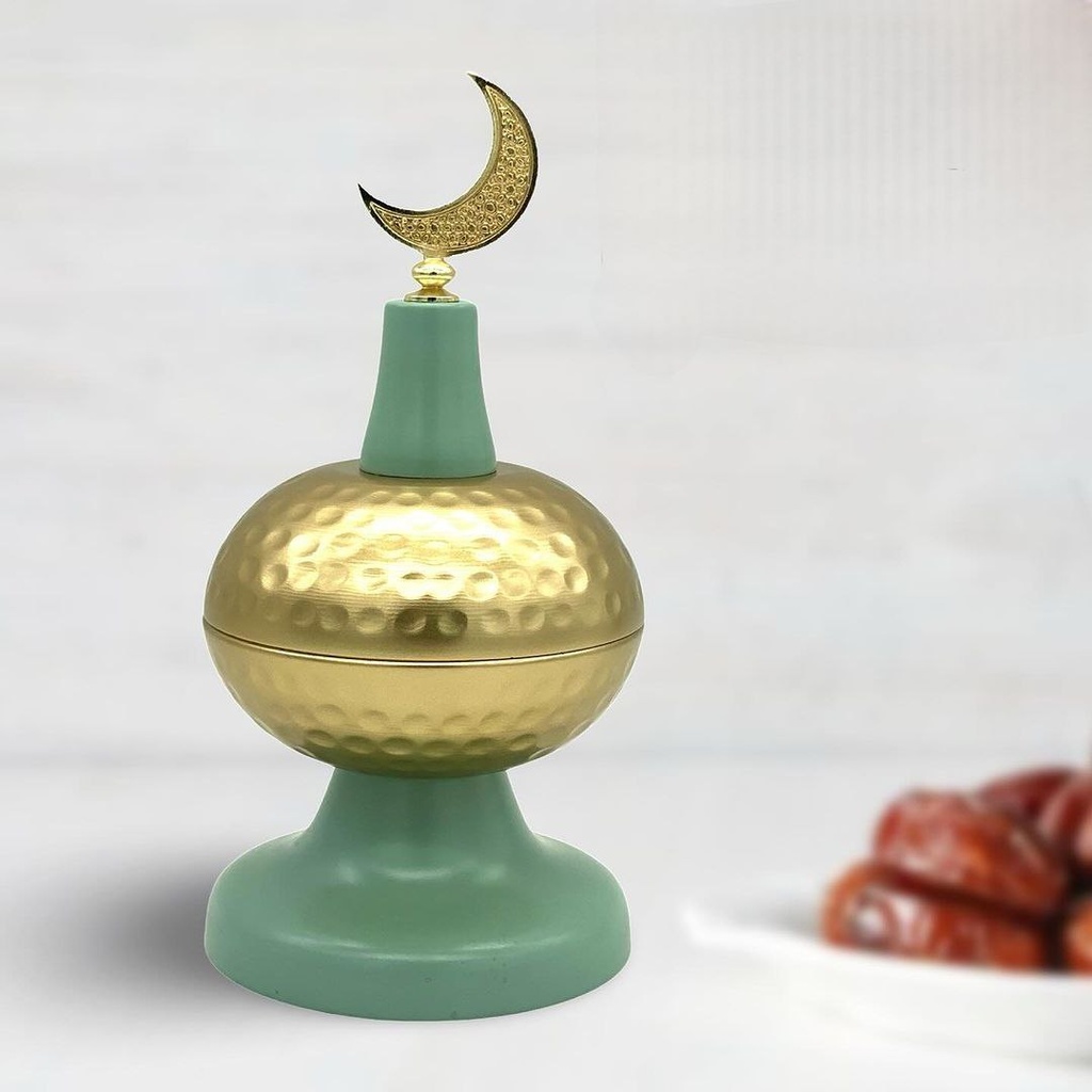 تمرية قبة ستانليس ستيل جولد*تركواز مزينة بهلال رمضان لتقديم التمر والمكسرات للضيوف في رمضان