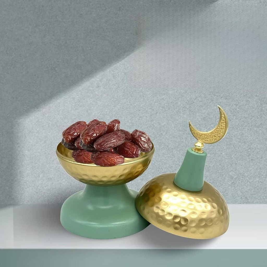 تمرية قبة ستانليس ستيل جولد*تركواز مزينة بهلال رمضان لتقديم التمر والمكسرات للضيوف في رمضان
