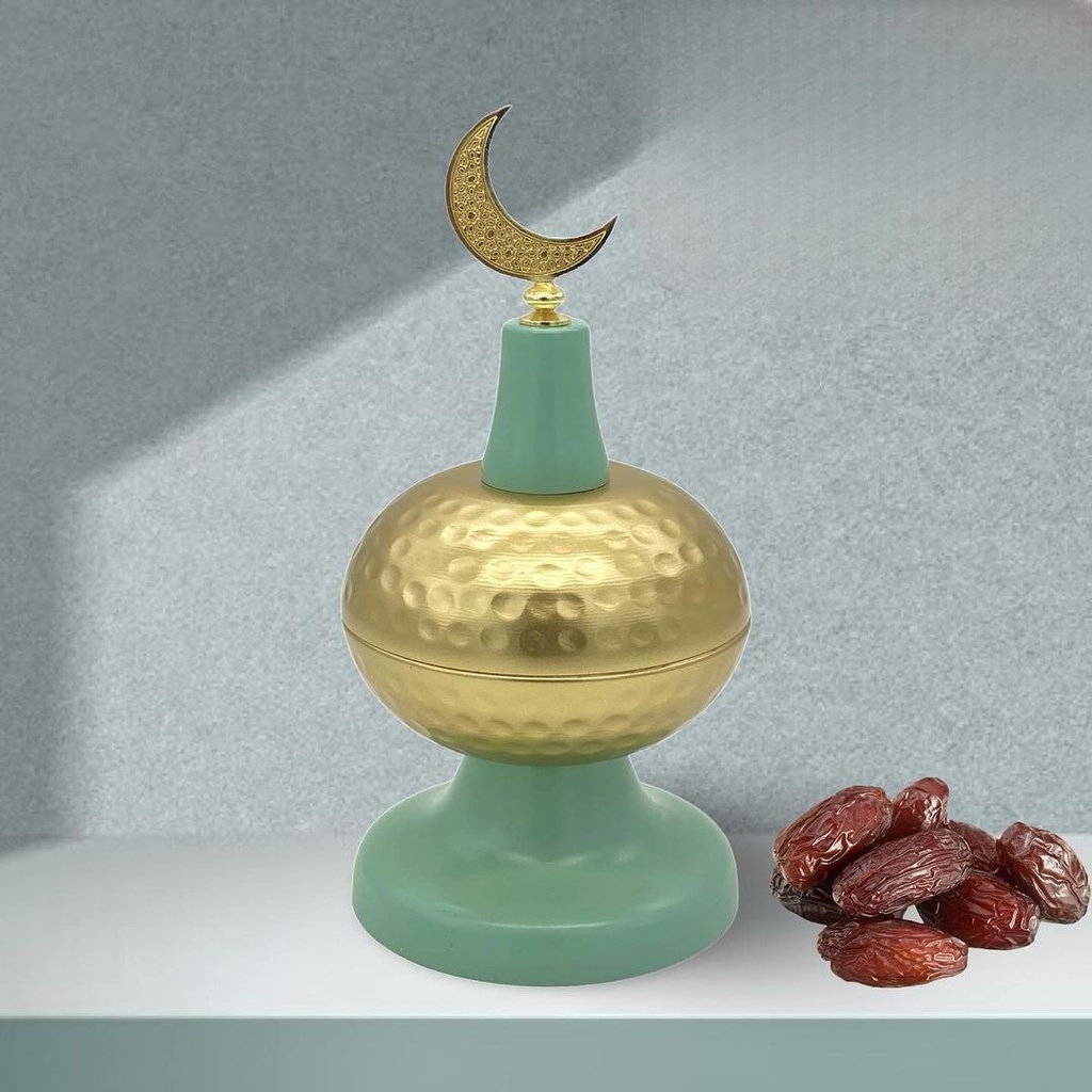 تمرية قبة ستانليس ستيل جولد*تركواز مزينة بهلال رمضان لتقديم التمر والمكسرات للضيوف في رمضان