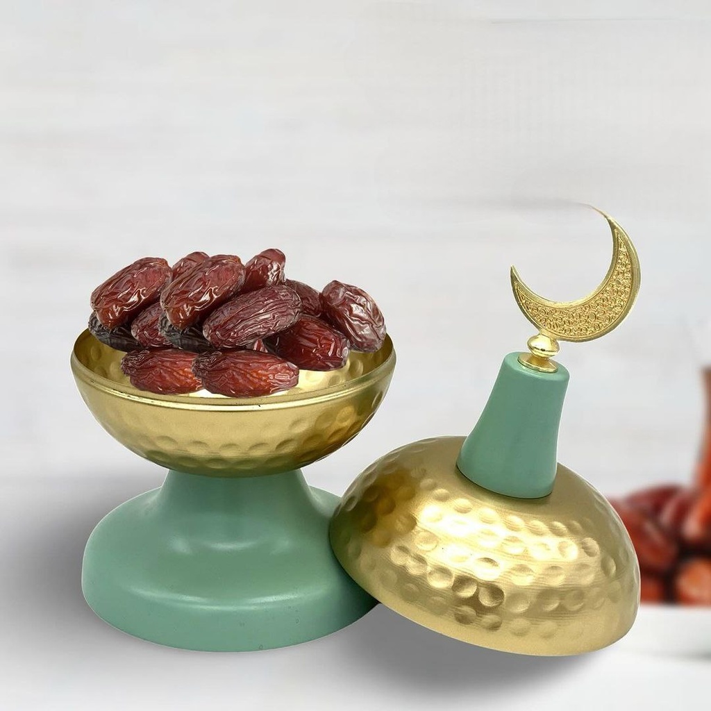 تمرية قبة ستانليس ستيل جولد*تركواز مزينة بهلال رمضان لتقديم التمر والمكسرات للضيوف في رمضان