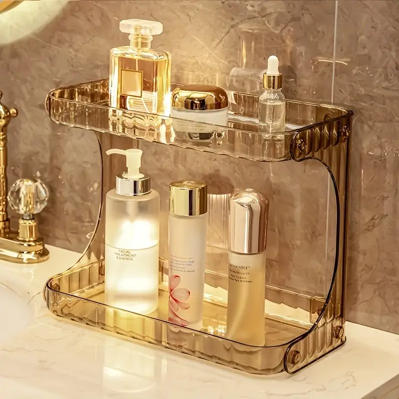 حامل اكليريك شفاف 2 دور لحمل وتنظيم ادوات المكياب والشعر والعطور ومستلزمات الحمام