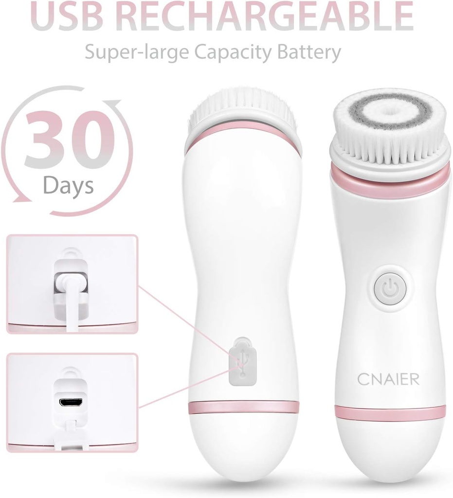 جهاز تنظيف وتقشير الوجه بالفرش الدوارة القابلة لإعادة الشحن مع 4 رؤوس فرشاة
