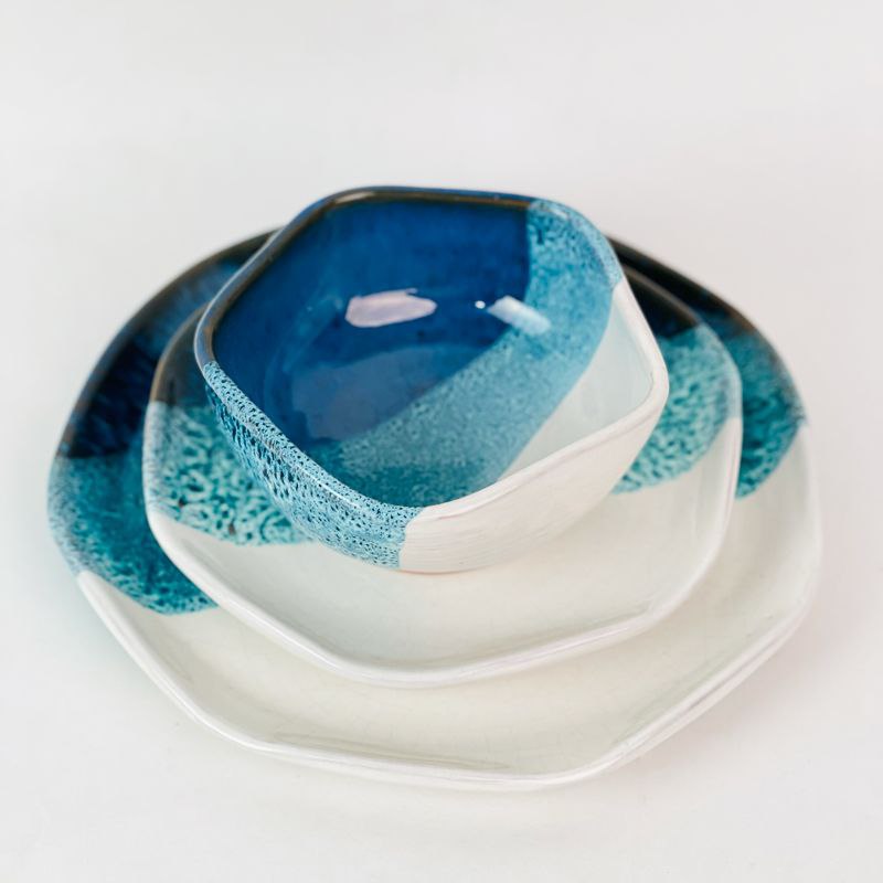 طقم اطباق فخار بتصميم أمواج البحر 3 قطع