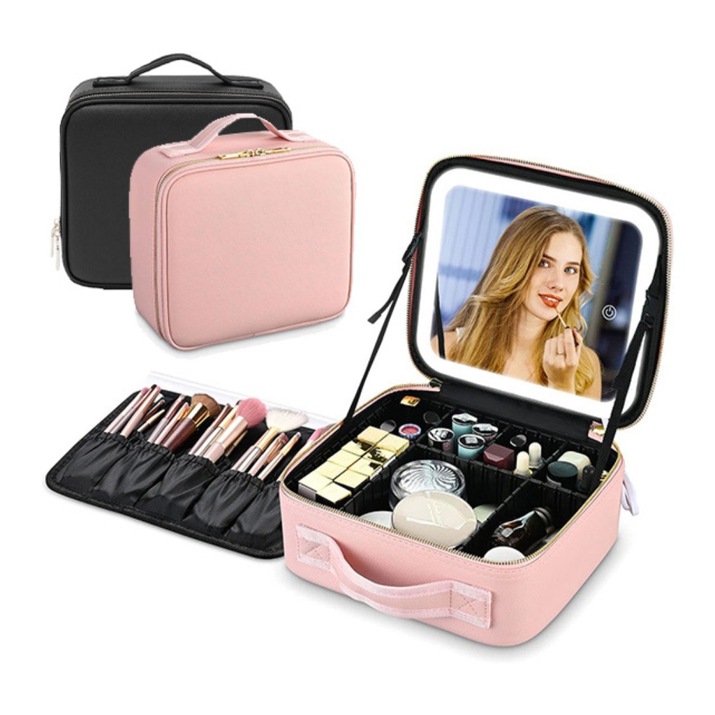 شنطة لحمل وتنظيم الميك اب مع مرآة تاتش قابلة لاعادة الشحن