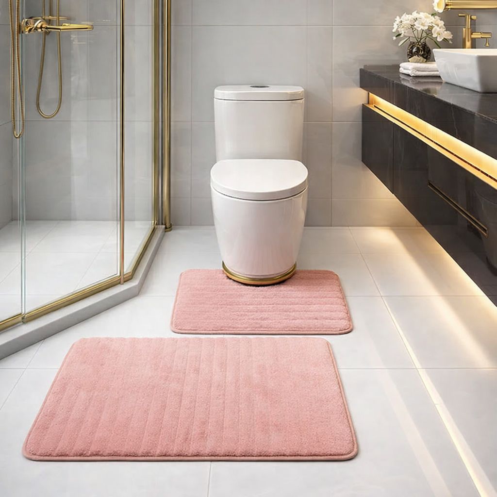 طقم دواسات قطعتين لارضيات الحمام من القطيفة باللون البينك
