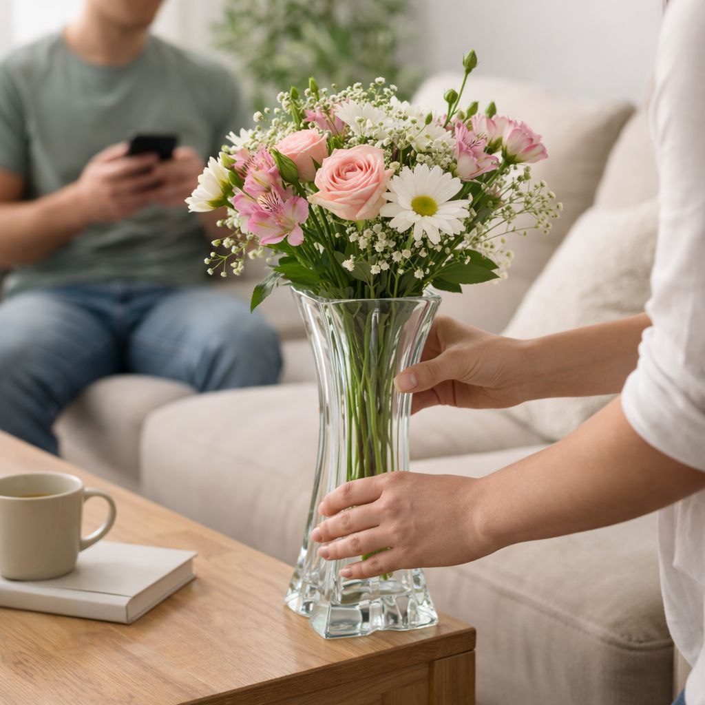 فازة زجاج شفاف شيك للورد بشكل مميز للديكور