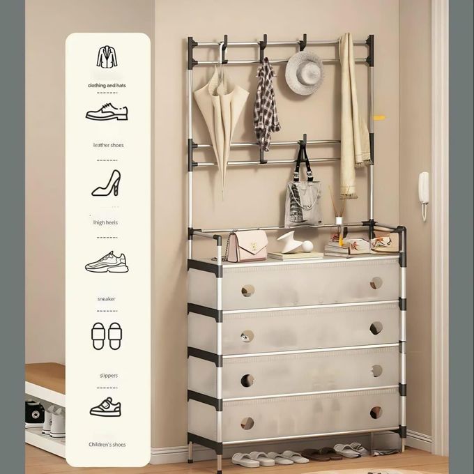 جزامة بـ 4 أرفف لتنظيم الاحذاية مع 8 هوكات لتعليق الشنط والكابات والشماسات