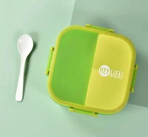 لانش بوكس مربع Viassin HEY LIFE  مع قطعة داخلية منفصلة مقسمة خانتين وملعقة مناسب للميكروويف والفريزر