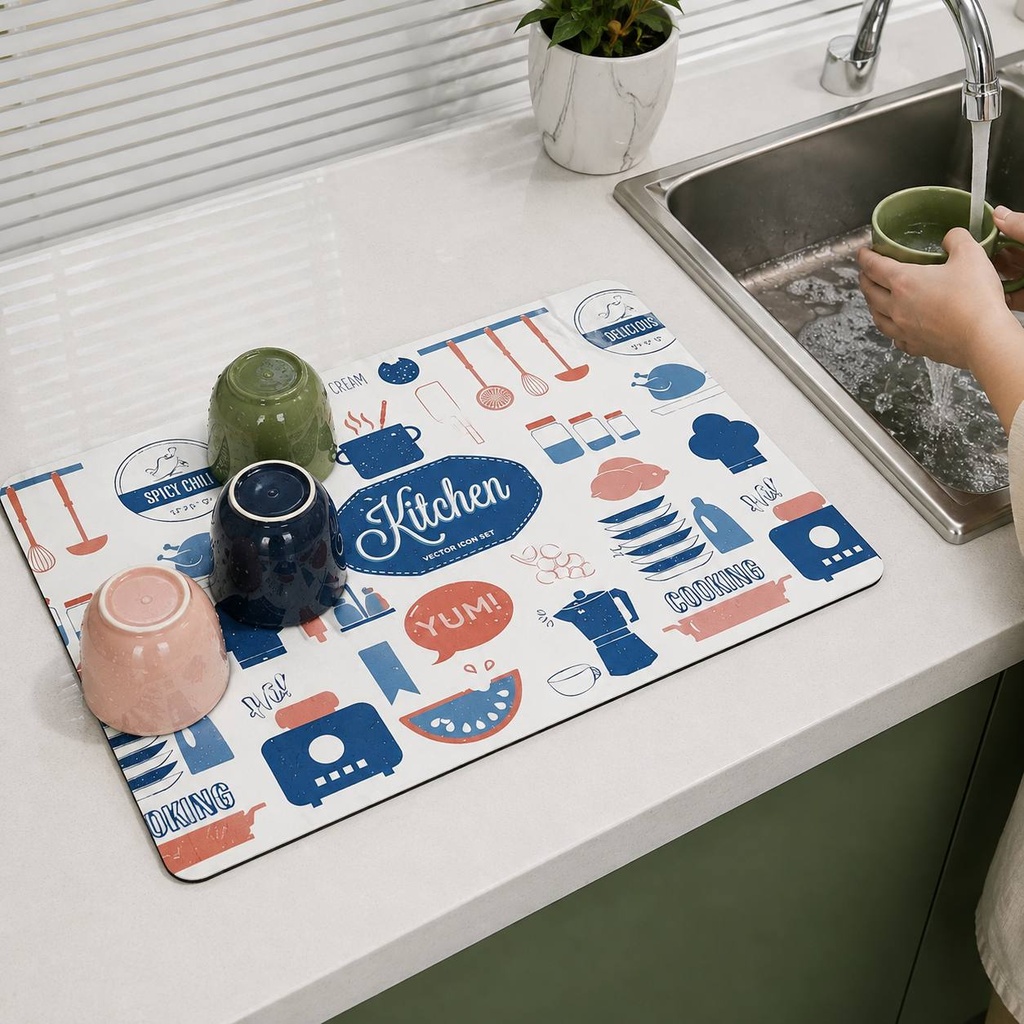 مفرش تنشيف وتصفيه للمواعين بجانب الحوض سريع الجفاف