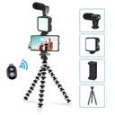 مجموعة تصوير احترافية ترايبود مع حامل للموبايل وكشاف اضاءه ليد وميكروفون بريموت كنترول للتصوير عن بعد