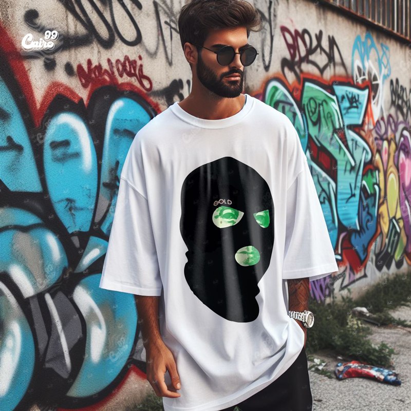 Dirty Money Mask تيشيرت اوفر سايز قطن باللون الابيض للرجال