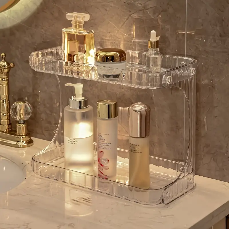 حامل اكليريك شفاف 2 دور لحمل وتنظيم ادوات المكياب والشعر والعطور ومستلزمات الحمام