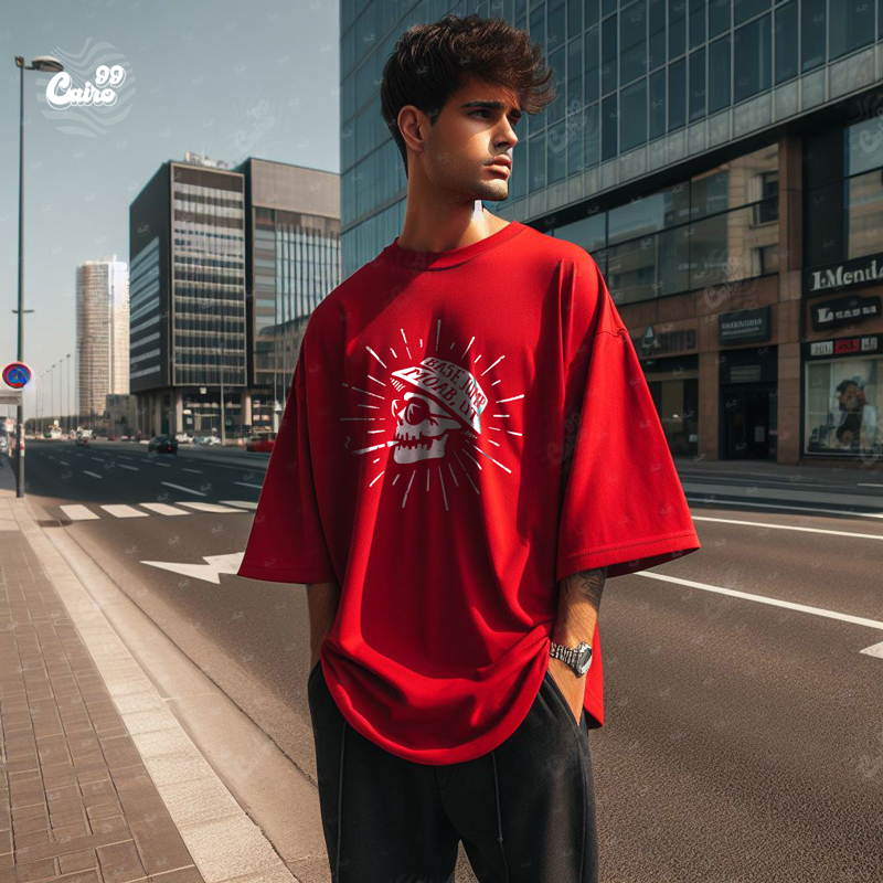 Skull Head تيشيرت اوفر سايز قطن باللون الاحمر للرجال