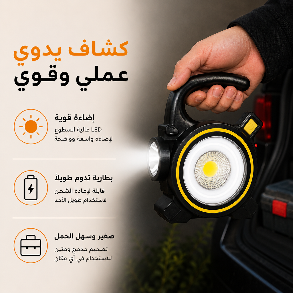 كشاف ميني محمول  ب 3 اضاءات مختلفة يعمل بالطاقه الشمسية 30 واط