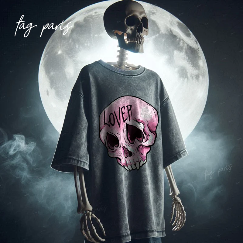 Lover's Skull Oversize T-shirt -Stone Washed -Gray تيشيرت اوفر سايز