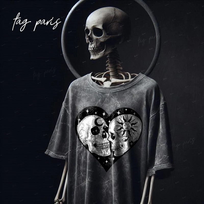 Sun &amp; Moon forbidden Love Oversize T-shirt -Stone Washed -Gray تيشيرت اوفر سايز