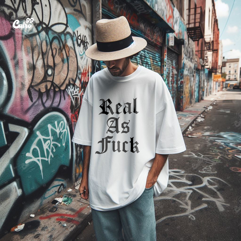 Real As Fuck تيشيرت اوفر سايز قطن باللون الابيض للرجال