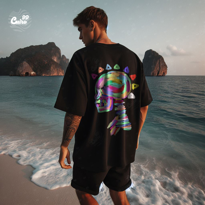 Colorful Skull تيشيرت اوفر سايز قطن باللون الاسود للرجال