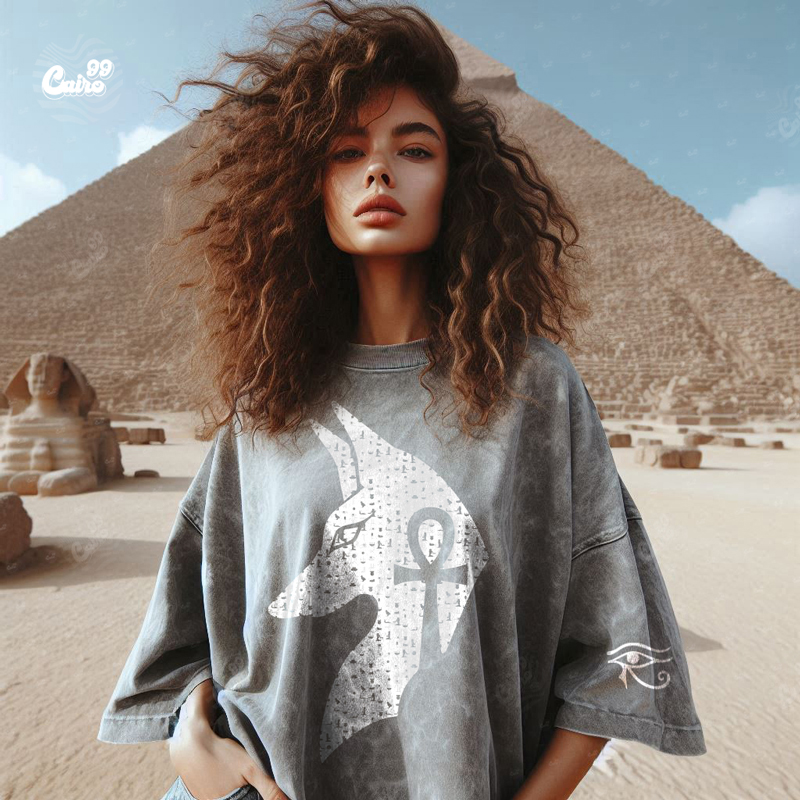 Key Of Life Ankh تيشيرت اوفر سايز قطن باللون الرمادي للنساء