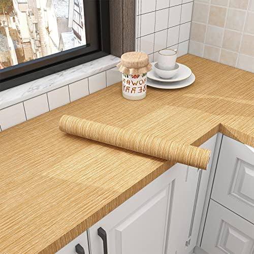 رول استيكر لاصق شكل خشبي باللون البيج لتجديد ديكور المطبخ