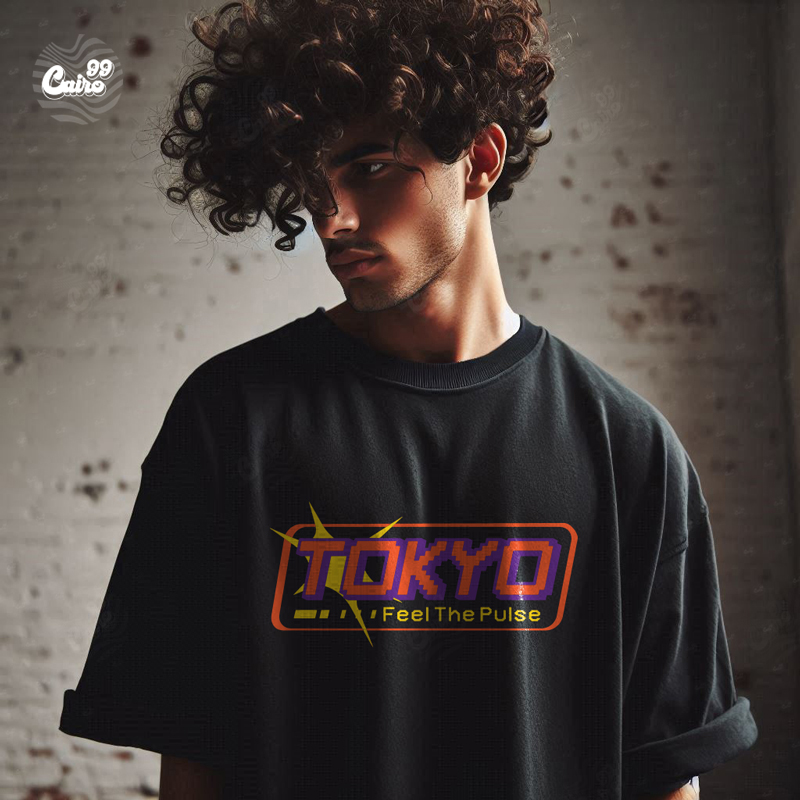 Tokyo feel the pulse تيشيرت اوفر سايز قطن باللون الاسود للرجال