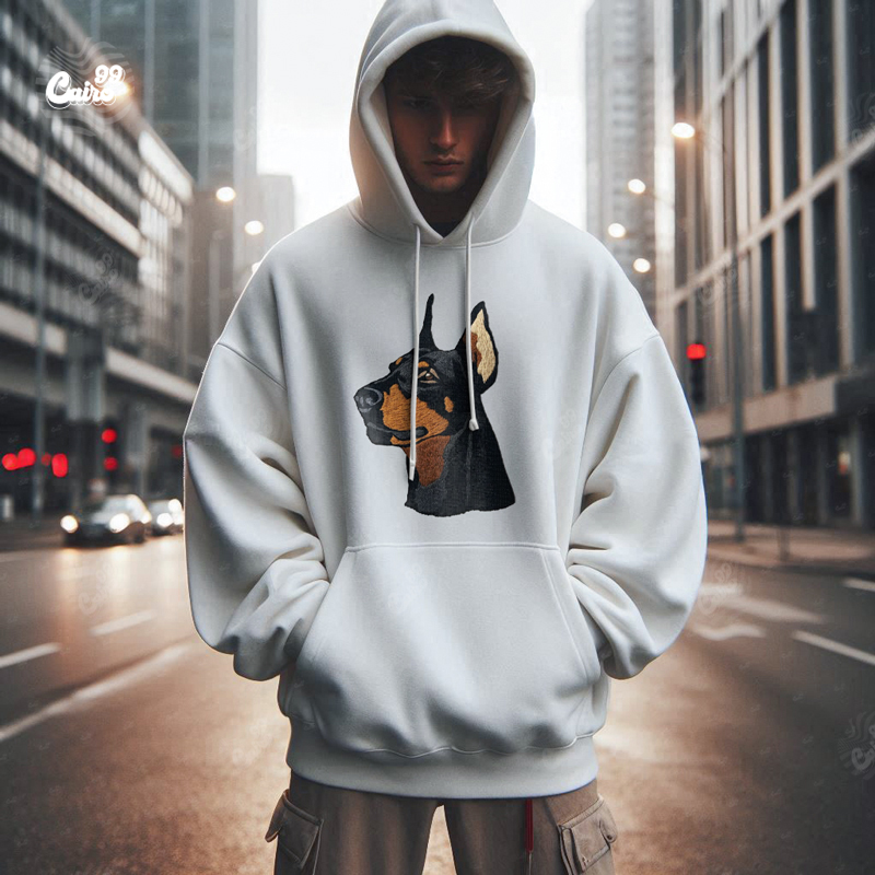 Doberman Pinscher هودي اوفر سايز قطن للرجال باللون الابيض