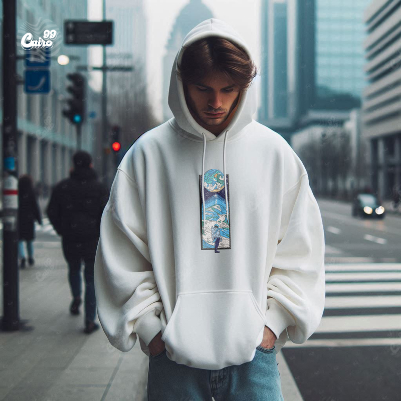 Blue Moon هودي اوفر سايز قطن للرجال باللون الابيض