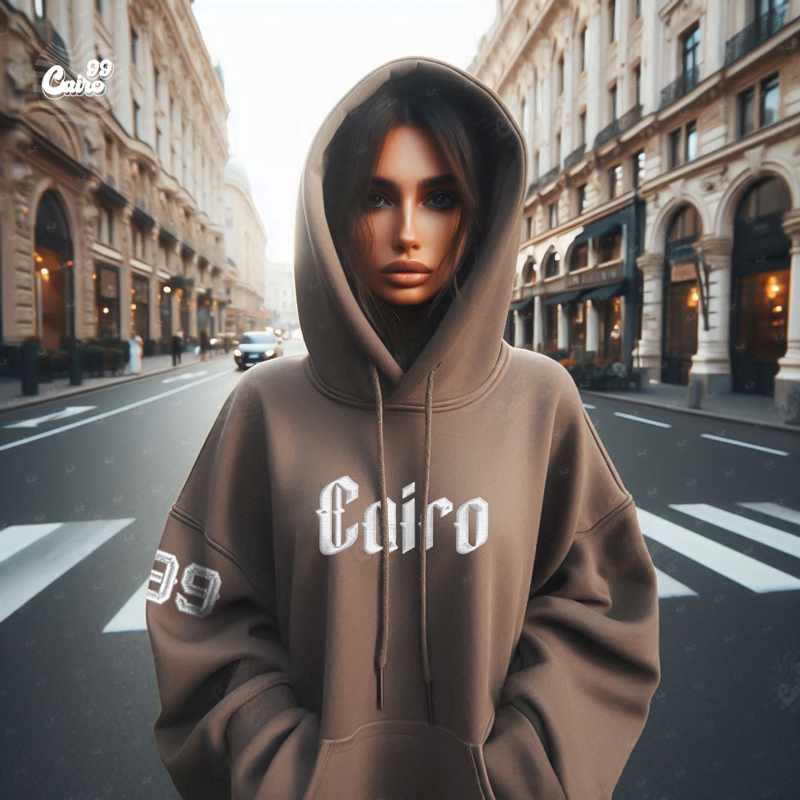 Cairo99 Embroidery هودي اوفر سايز قطن للنساء باللون البني.