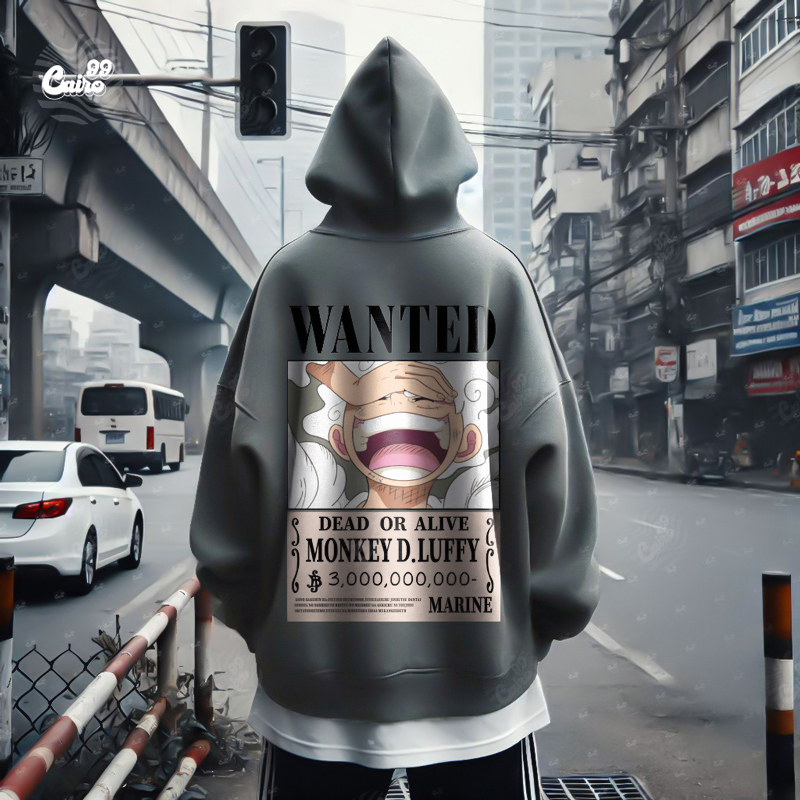 Wanted Monkey D Luffy Dead or Alive هودي اوفر سايز قطن باللون الرمادي