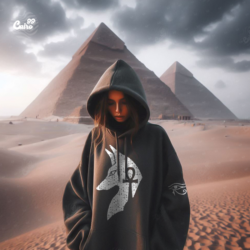 Key Of Life Ankh هودي اوفر سايز قطن للنساء باللون الرمادي