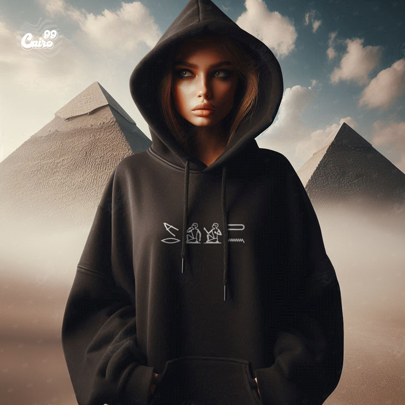 I Love You in Hieroglyphic هودي اوفر سايز قطن للنساء باللون الاسود