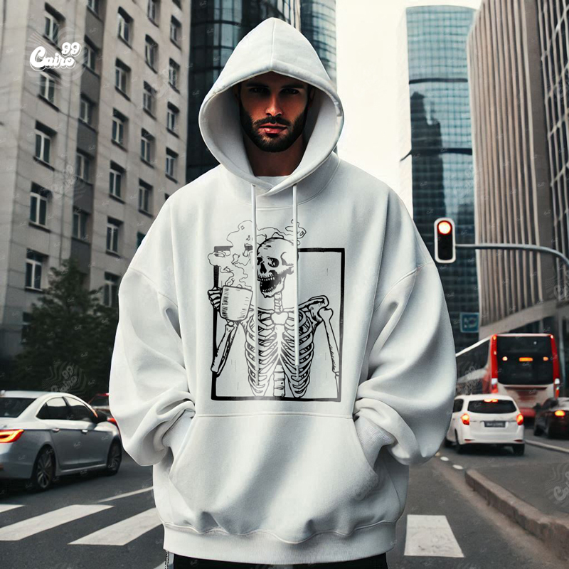 Chill Skeleton هودي اوفر سايز قطن للرجال باللون الأبيض