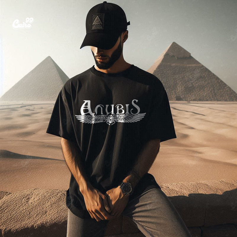 Anubis Wings تيشيرت اوفر سايز قطن باللون الاسود للرجال