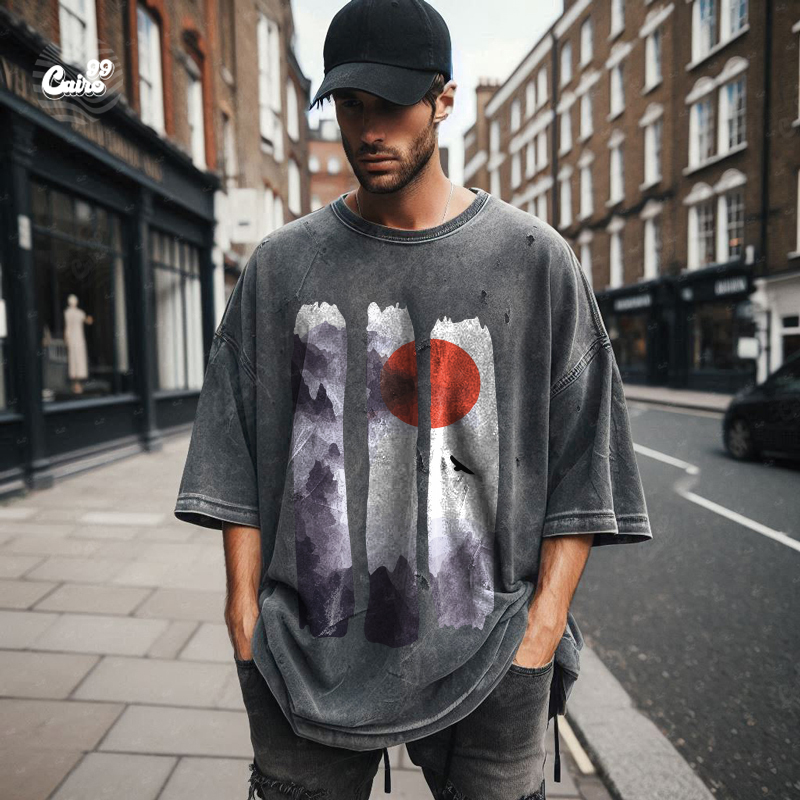 landscape print تيشيرت اوفر سايز قطن باللون الرمادي للرجال