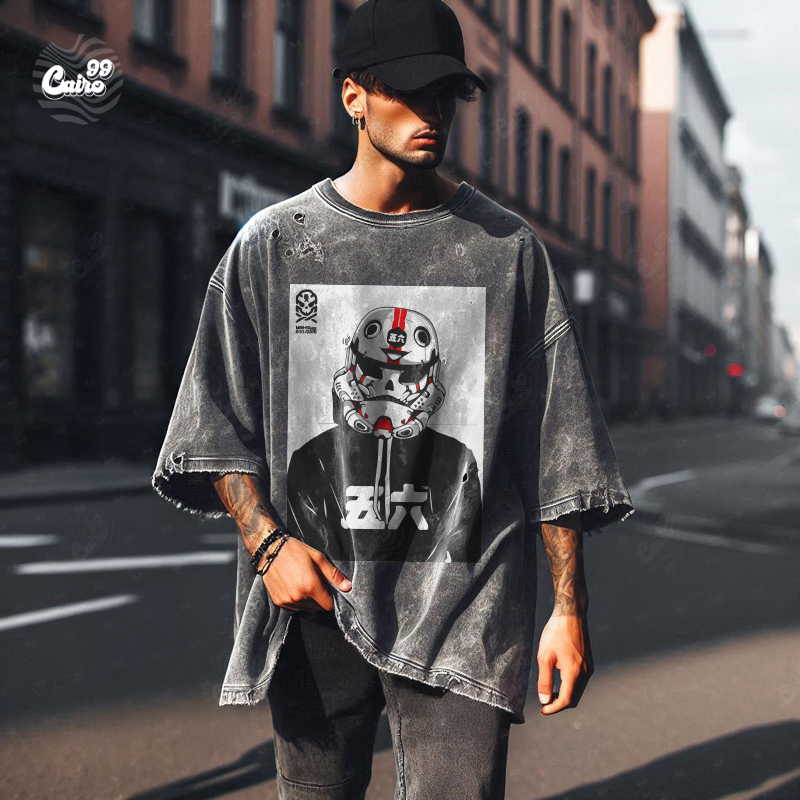 Star War Universe تيشيرت اوفر سايز قطن باللون الرمادي للرجال