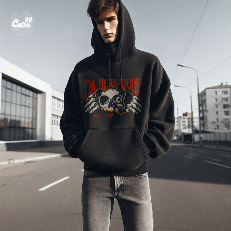 I'm Here Dude هودي اوفر سايز قطن باللون الأسود