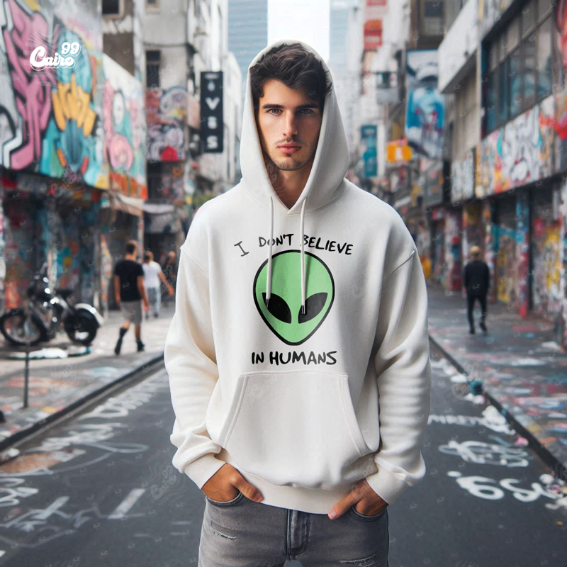 I Don't Believe In Humans هودي اوفر سايز قطن للرجال باللون الأبيض