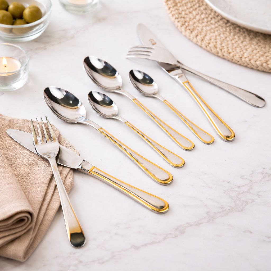 طقم معالق وشوك وسكاكين استانلس ستيل تركي 24 قطعة بمقبض بحواف جولد أنيقة