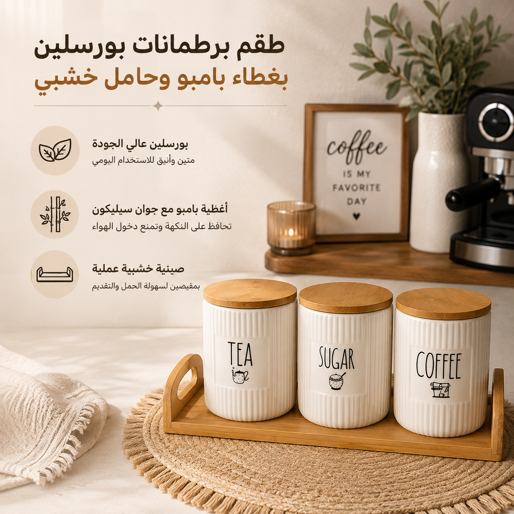 طقم برطمانات بورسلين مضلع 3 قطع بغطاء بامبو وحامل خشبي للشاي والسكر والقهوة