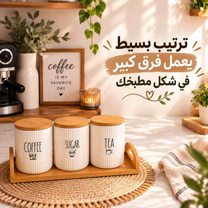 طقم برطمانات بورسلين مضلع 3 قطع بغطاء بامبو وحامل خشبي للشاي والسكر والقهوة