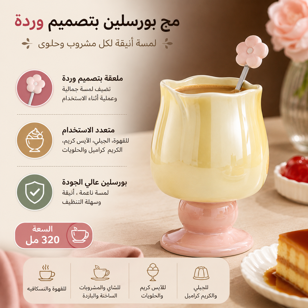 مج بورسلين بتصميم وردة مع ملعقة سعة 320 مل