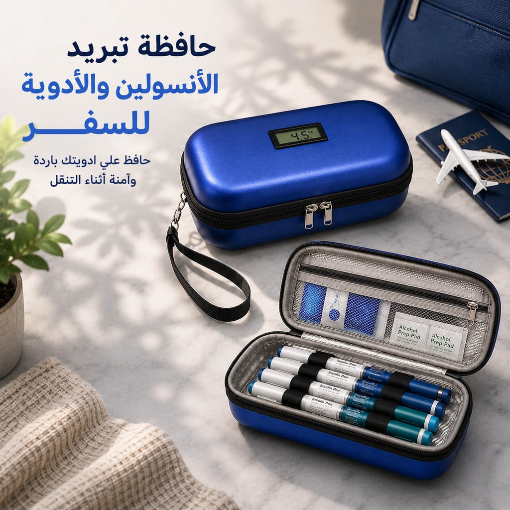 حافظة تبريد الأنسولين والأدوية للسفر مع شاشة ديجيتال لقياس درجة الحرارة و2 آيس باك