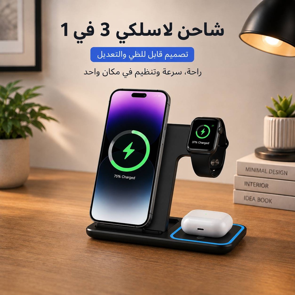 شاحن وايرليس 3 * 1 قابل للطي للموبايل والايربودز والسمارت واتش مع إضاءة ليلية