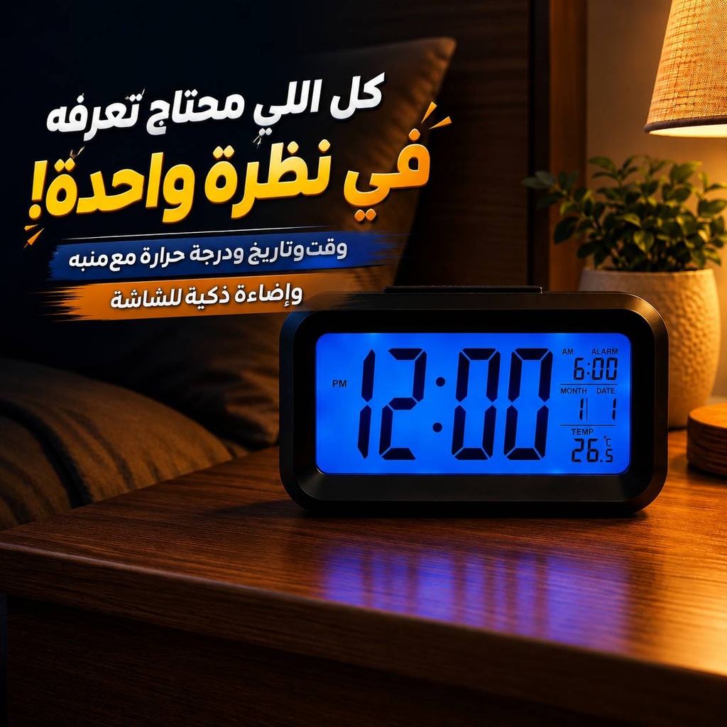 ساعة ومنبه بشاشة رقمية لعرض التاريخ ودرجة الحرارة مع إضاءة تلقائية