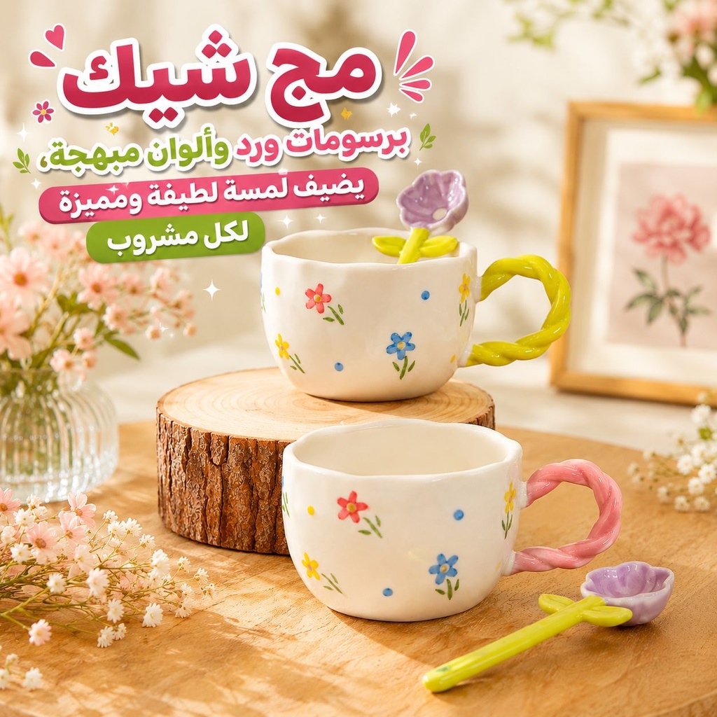 مج بورسلين برسومات ورد مع معلقة بتصميم وردة سعة 500 مل