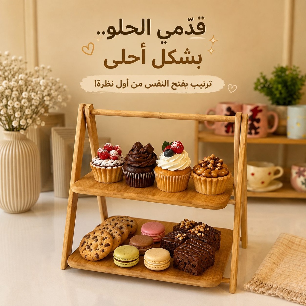 شيالة حلويات وتقديم خشب بامبو مربعة 2 دور لتقديم الكيك والحلويات والسناكس