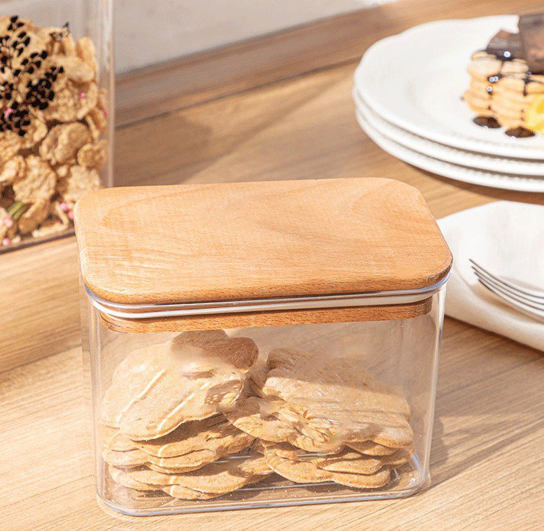 علبة اكليريك 1 لتر بغطاء خشبي محكم الغلق لحفظ الحبوب والبقوليات والمكسرات