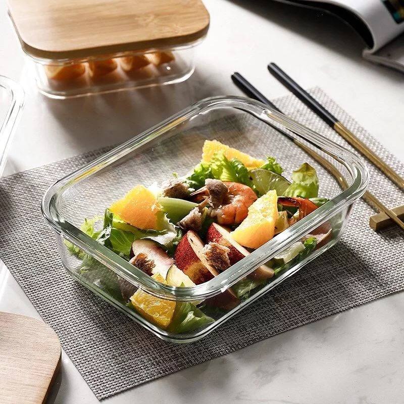 علبة ثلاجة من الزجاج لحفظ الطعام مع غطاء خشبي